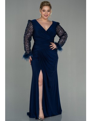 Abiyefon Pullu Uzun Kol Yırtmaçlı Büyük Beden Abiye ABU2976