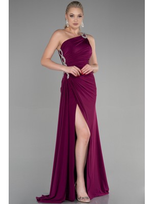 Abiyefon Taşlı Tek Omuz Bacak Dekolteli Uzun Abiye ABU2964