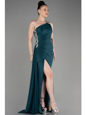 Abiyefon Taşlı Tek Omuz Bacak Dekolteli Uzun Abiye ABU2964