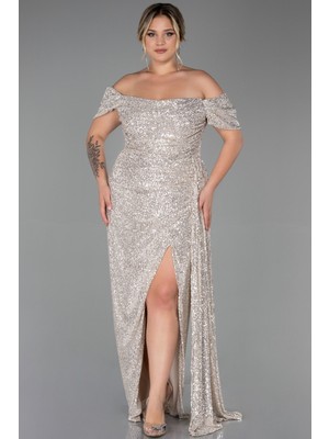 Abiyefon Kayık Yaka Uzun Pullu Büyük Beden Abiye ABU2973