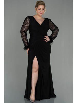 Abiyefon Pullu Uzun Kol Yırtmaçlı Büyük Beden Abiye ABU2976