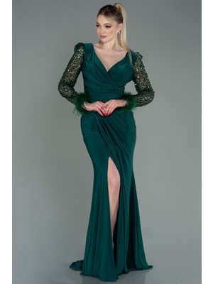 Abiyefon Pullu Uzun Kol Yırtmaçlı Abiye Elbise ABU3008