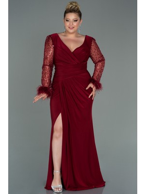 Abiyefon Pullu Uzun Kol Yırtmaçlı Büyük Beden Abiye ABU2976