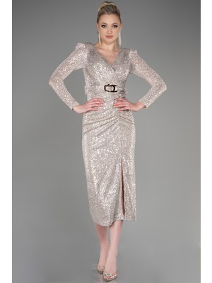 Abiyefon Uzun Kol Yırtmaçlı Midi Pullu Abiye Elbise ABK1808