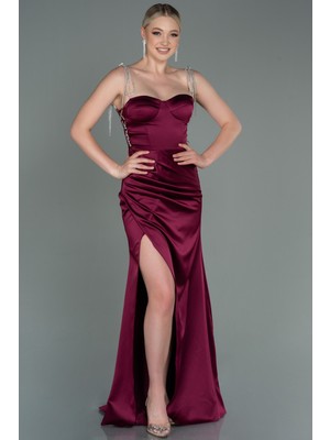 Abiyefon Taş Askılı Yırtmaçlı Uzun Saten Abiye ABU3198