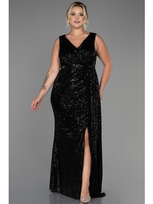 Abiyefon Kolsuz Kruvaze Yaka Uzun Pullu Büyük Beden Abiye ABU3194