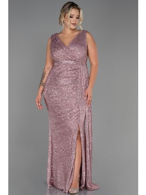 Abiyefon Kolsuz Kruvaze Yaka Uzun Pullu Büyük Beden Abiye ABU3194