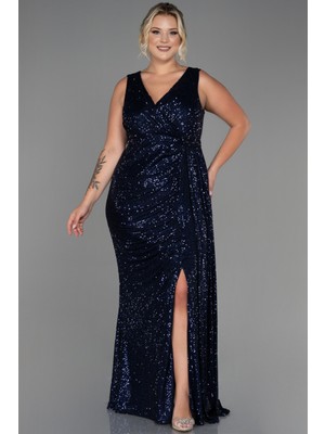 Abiyefon Kolsuz Kruvaze Yaka Uzun Pullu Büyük Beden Abiye ABU3194