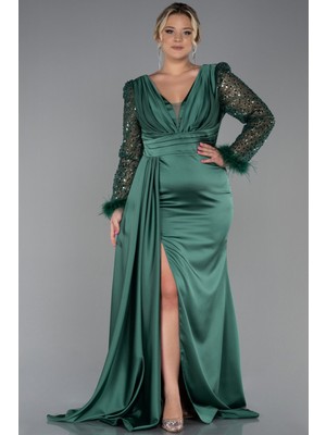 Abiyefon Pullu Uzun Kol Saten Büyük Beden Abiye ABU3237