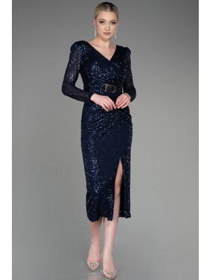 Abiyefon Uzun Kol Yırtmaçlı Midi Pullu Abiye Elbise ABK1808