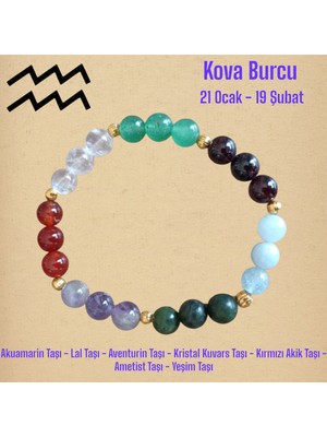 Mga Doğaltaş Kova Burcu Bilekliği (Ay Taşı, Ametist, Akuamarin Taşı, Lal Taşı, Aventurin, Kristal Kuvars, Yeşim)