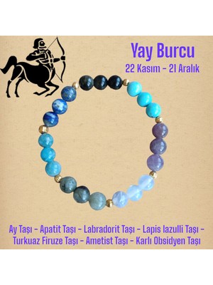 Mga Doğaltaş Yay Burcu Bilekliği (Ay Taşı, Apatit, Labradorit, Lapis Lazulli, Turkuaz, Ametist, Karlı Obsidyen)