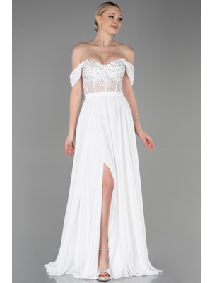 Abiyefon Işlemeli Kayık Yaka Yırtmaçlı Uzun Şifon Abiye ABU3310