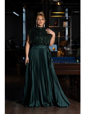 Abiyefon Saten Ateş Pile Uzun Büyük Beden Abiye ABU3341