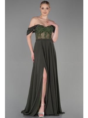 Abiyefon Işlemeli Kayık Yaka Yırtmaçlı Uzun Şifon Abiye ABU3310