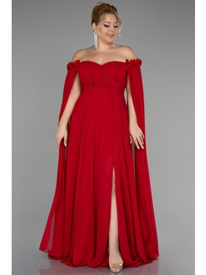 Abiyefon Kayık Yaka Uzun Şifon Büyük Beden Abiye ABU3464