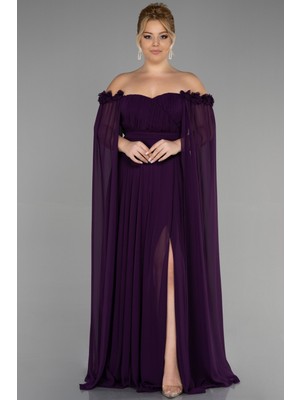 Abiyefon Kayık Yaka Uzun Şifon Büyük Beden Abiye ABU3464