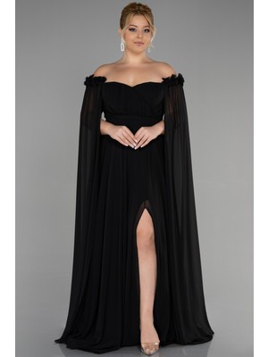 Abiyefon Kayık Yaka Uzun Şifon Büyük Beden Abiye ABU3464