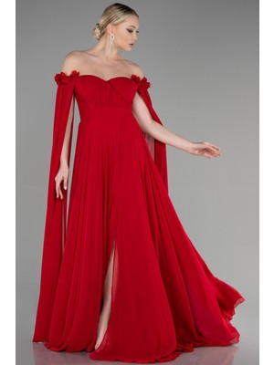 Abiyefon Kayık Yaka Bacak Dekolteli Uzun Şifon Abiye ABU3462