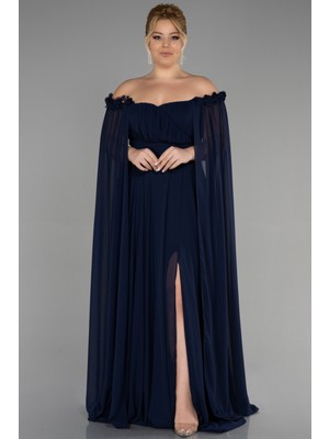 Abiyefon Kayık Yaka Uzun Şifon Büyük Beden Abiye ABU3464