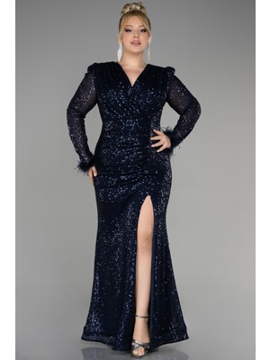 Abiyefon Uzun Kol Yırtmaçlı Pullu Büyük Beden Abiye ABU3505