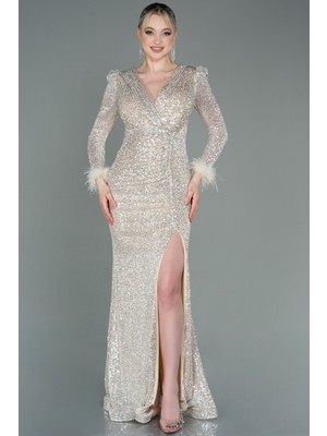 Abiyefon Uzun Kol Yırtmaçlı Pullu Büyük Beden Abiye ABU3505