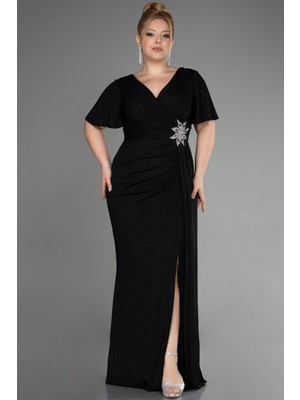 Abiyefon Kısa Kol Yırtmaçlı Uzun Simli Büyük Beden Abiye ABU3645