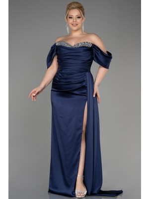 Abiyefon Kayık Yaka Yırtmaçlı Uzun Saten Büyük Beden Abiye ABU3655