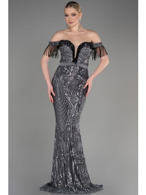 Abiyefon Taşlı Kayık Yaka Uzun Pul Payet Abiye ABU3783