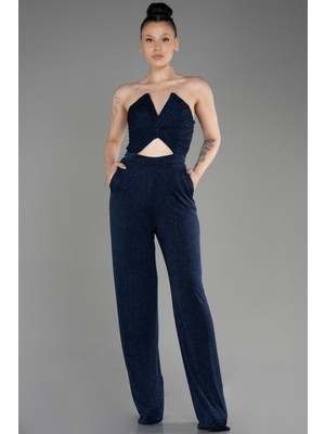 Abiyefon Straplez Göbek Dekolteli Uzun Simli Abiye Tulum ABT113