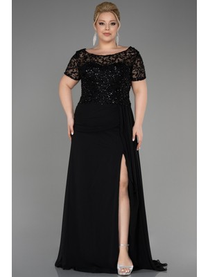 Abiyefon Kısa Kol Üstü Işlemeli Uzun Büyük Beden Abiye ABU3731