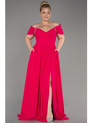 Abiyefon Kayık Yaka Uzun Şifon Büyük Beden Abiye ABU3738