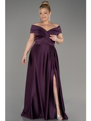 Abiyefon Kayık Yaka Uzun Saten Büyük Beden Abiye ABU2355