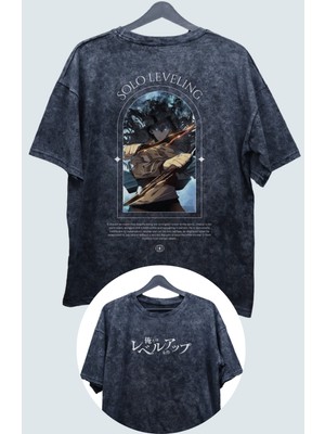 Fuddy Moda Oversize V3 Solo Leveling Sırt Baskılı Yıkamalı Tişört, Unisex Anime Baskılı T-Shirt