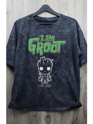 Fuddy Moda Oversize I'm Groot Baskılı Yıkamalı T-Shirt, Unisex Marvel Comics Baskılı Retro Tişört