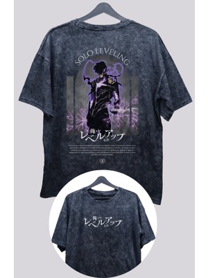 Fuddy Moda Oversize Sung Jin-Woo Sırt Baskılı Yıkamalı T-Shirt, Unisex Solo Leveling Baskılı Vintage Tişört