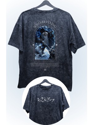 Fuddy Moda Oversize Sjw Solo Leveling Sırt Baskılı Yıkamalı Tişört, Unisex Anime Baskılı T-Shirt