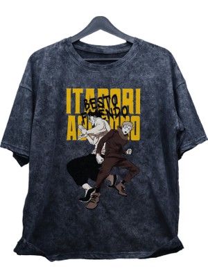 Fuddy Moda Oversize Besto Frendo Baskılı Yıkamalı T-Shirt, Unisex Anime Baskılı Eskitme Tişört