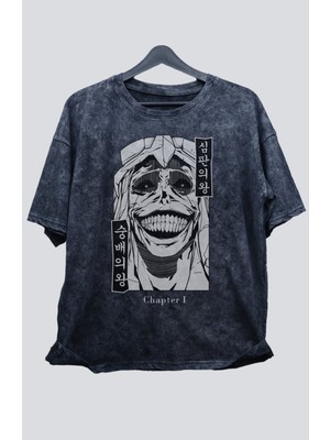 Fuddy Moda Oversize Solo Leveling Heykel Baskılı Yıkamalı T-Shirt, Unisex Anime Baskılı Vintage Tişört