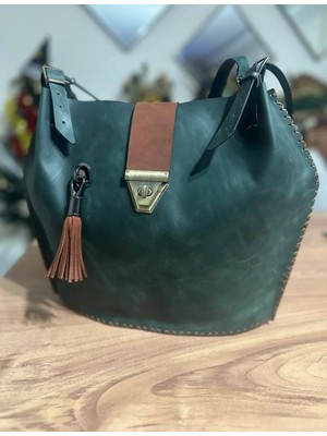 Best Leather Bag  Deri Geniş El Yapımı Yeşil Çanta