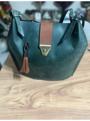 Best Leather Bag  Deri Geniş El Yapımı Yeşil Çanta