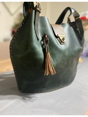 Best Leather Bag  Deri Geniş El Yapımı Yeşil Çanta