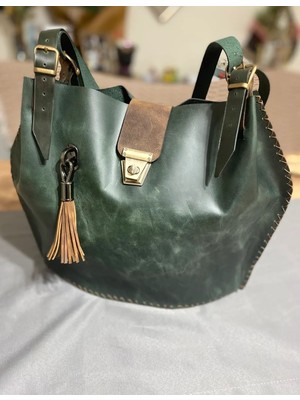 Best Leather Bag  Deri Geniş El Yapımı Yeşil Çanta