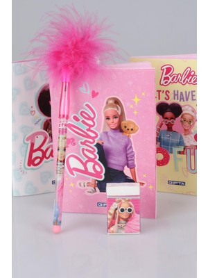 Barbie Yeni Sezon Lisanslı Barbıe Not Defteri ,tüylü Geçmeli Kurşun Kalem ve Silgi Seti
