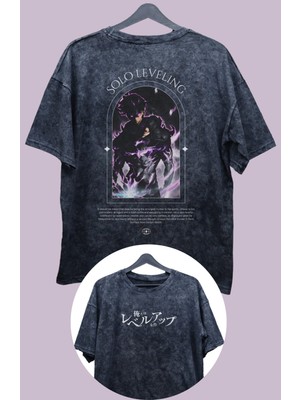Fuddy Moda Oversize Yazılı Solo Leveling Sırt Baskılı Yıkamalı T-Shirt, Unisex Anime Baskılı Eskitme Tişört