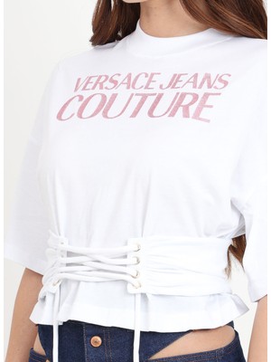 Versace Jeans Couture Yuvarlak Yaka Baskılı Beyaz Kadın T-Shirt 76HAHG04