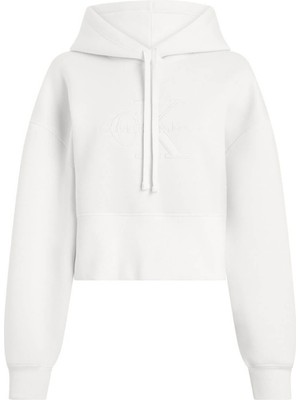 Calvin Klein Jeans Kapüşon Yaka Nakışlı Beyaz Kadın Sweatshırt Scuba Premıum Monologo Hoodıe