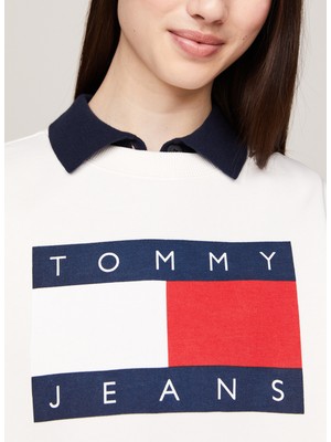 Tommy Jeans Yuvarlak Yaka Baskılı Beyaz Kadın Sweatshırt Tjw Ovs Tommy Flag Crew