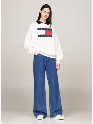 Tommy Jeans Yuvarlak Yaka Baskılı Beyaz Kadın Sweatshırt Tjw Ovs Tommy Flag Crew