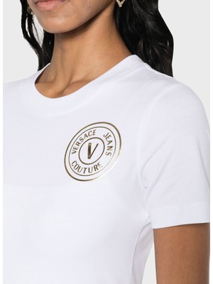 Versace Jeans Couture Yuvarlak Yaka Baskılı Beyaz Kadın T-Shirt 76HAHT02